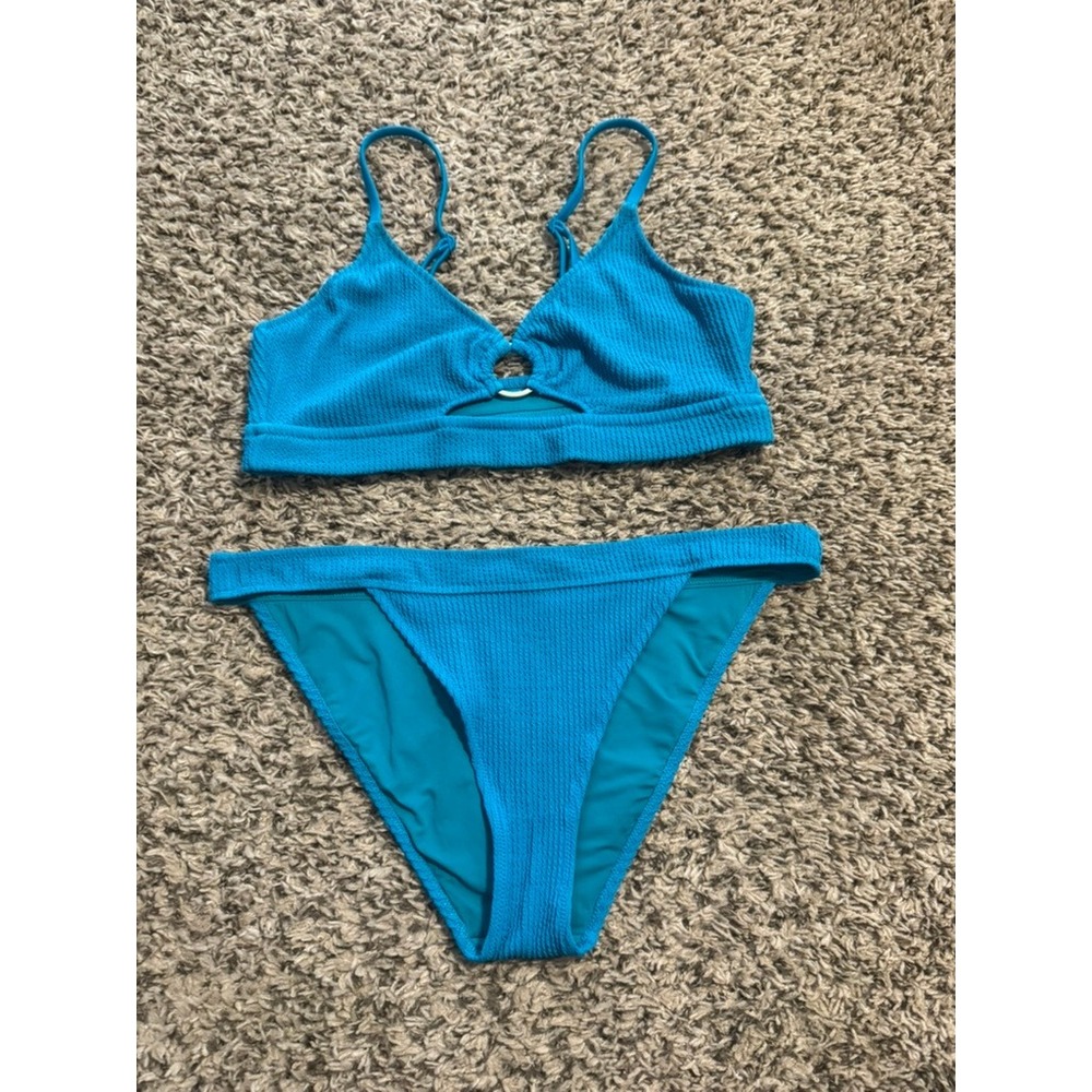 Aerie Womens Bright Blue Textured Ribbed O-Ring Bikini Set Two Piece Swimsuit
